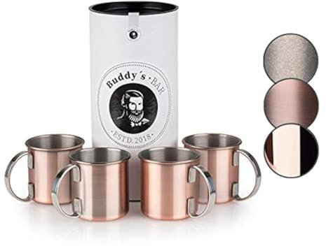 Buddy´s Bar - Moscow Mule Becher, 450 ml, hochwertiger Edelstahl-Becher, lebensmittelecht, Cocktail-Tasse inklusive Geschenkbox, Kupfer Antik, 4er Set