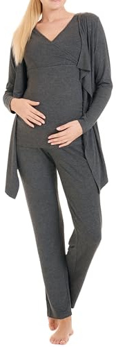 Herzmutter mammapyjamaset för kvinnor - ammande pyjamas i tre delar - graviditets wellness set - loungewear för graviditet och amning - kofta med byxor – 8100 (Mörkgrå, M)
