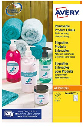 Avery L4853REV-25 Etiketten, abnehmbar, bedruckbar, Mehrzweck-Etiketten, verschiedene Oberflächen, Ø 51 mm, Weiß, 15 Etiketten pro Blatt, 375 Blanko-Etiketten pro Packung