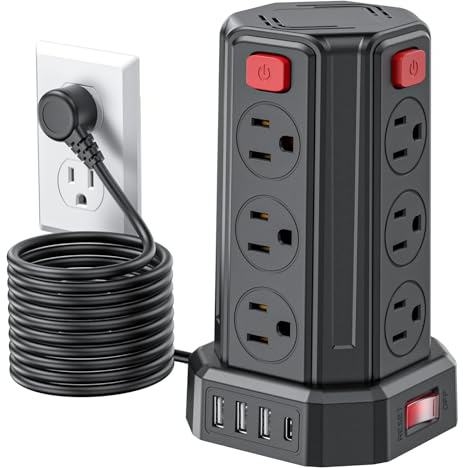 Power Strip Surge Protector, 10 Ft Extension Cord with 12 AC Multiple Outlets 4 USB (1 USB C), SMALLRT Power Tower Desktop Charging Station