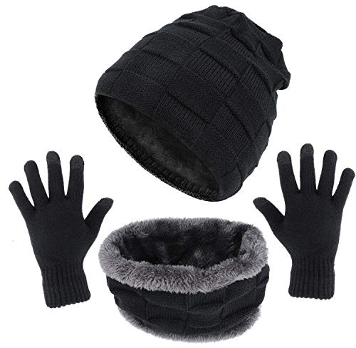 TAGVO Winter Unisex Beanie Mütze Schal Touchscreen Handschuhe Set 3 in 1, Dickes Fleece-Innenmaterial, Stretch-Strickmütze für Motorrad-Skifahren, Nackenwärmer, Touch-Handschuhe für Sport im Freien