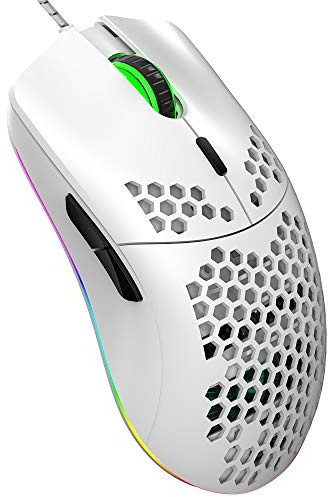Mouse da gioco cablato, J900 6 RGB Lighting 6400 DPI Programmabile USB Gaming Mouse con 6 pulsanti, design ergonomico a nido d'ape per PC gamers e utenti Xbox e PS4 - Bianco
