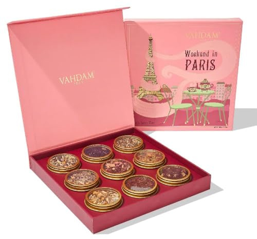 VAHDAM, Week-end à Paris - Coffret Cadeau de Thés | Assortiment de 9 Mélanges de Thés - Thé Chai et Thés Noirs | Sans Gluten, Sans OGM | Coffret Cadeau de Thés pour Femmes et Hommes