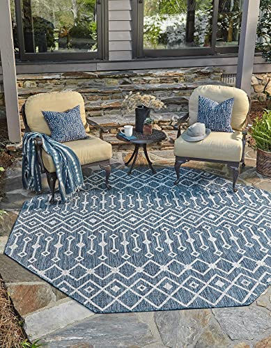 Unique Loom Outdoor Trellis Collection Area Rug - Tribal Trellis (7' 10 Octagon, Blue/ Ivory)
