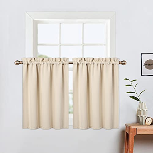LinTimes Kurze Fenstervorhänge,Verdunkelungsvorhang für Küche Fenster,Thermische Fensterbehandlung und Cafe-Vorhang zur Raumverdunkelung 66cmx91cm(26x36 inch),2 er Set Beige