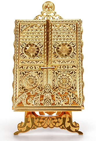 ihvan online Boîte du Coran en métal islamique avec support, motif de porte kaaba, décorations islamiques pour la maison, décoration musulmane et table, cadeaux islamiques parfaits, couleur: or