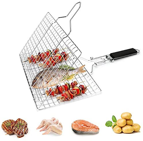 Sertay Grillkorb, Fischbräter, Faltbarer Grillkorb, BBQ Grillgitter, Tragbares Grill Fischhalter, mit Abnehmbarem Holzgriff, für Gegrilltes Fischgemüsegarnelensteak (32 * 49.5cm)
