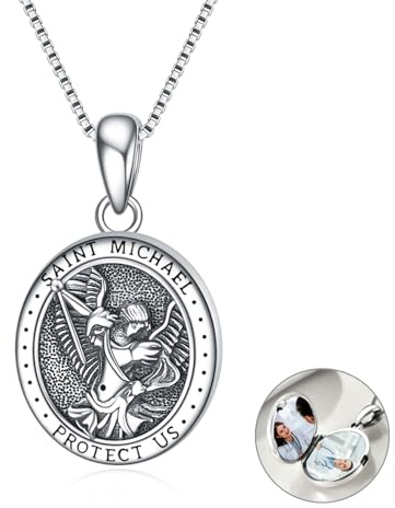 VONALA Sterling Silber Erzengel St. Michael Schützen Sie uns Medaillons Halsketten Geburtstagsgeschenke für Männer Jungen Frauen Frauen, die Bilder halten