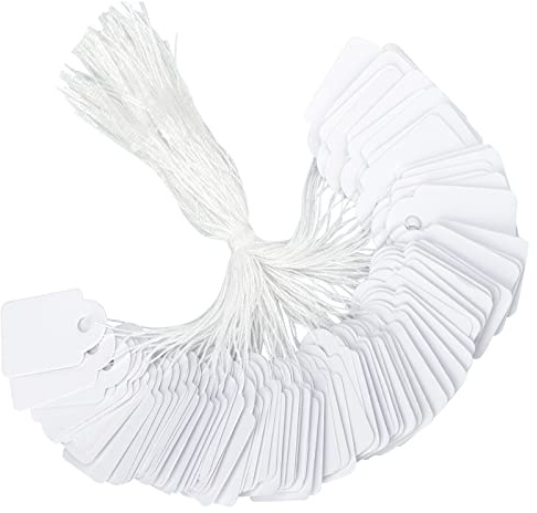 joycraft 500Pcs Price Tags with String Attached, 0.6x0.95 in Super Mini Writable Merchandise Hangtags, White Paper Gift Tags, Price Marking Display Tags for Product Jewelry Clothing