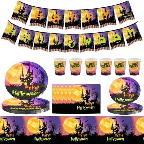 85Pcs Halloween Party Tableware Set 16 Guests,Halloween Disposable Dinnerware Set Tableware Decor, Banner,Plastic Tablecloth,Napkins,Paper Plates and Cups for HalloweenParty Supplies Tableware Decor