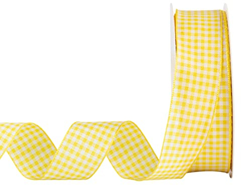 AVANAVA Gingham-band 25 mm rutigt vävt band för hantverk, present och bröllop (22 meter rulle, gul)
