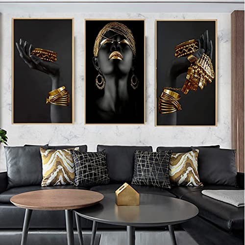 Leinwandbilder Gold Afrikanische Frau,Bilder Afrikanische Frauen, Leinwand Schwarz Gold Kunst Poster und Drucke Kein Rahmen (Frau,60x120cm)