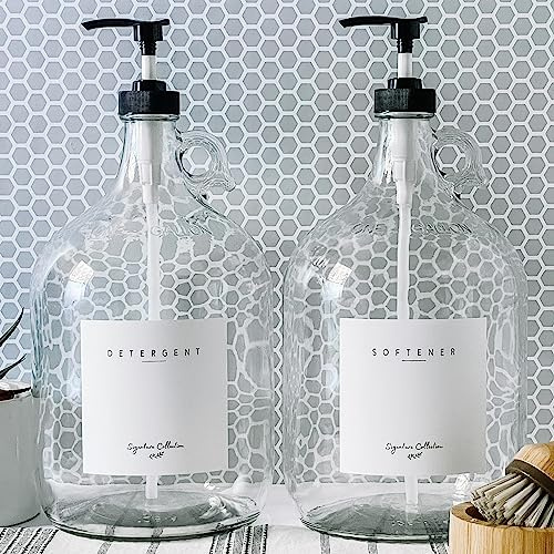 Laundry Detergent Dispenser for Laundry Room - Two Empty One Gallon Glass Jugs, Fabric Softener, Soap Dispenser or Bleach, 128 oz - Black Liquid Pump, Includes 4 Labels