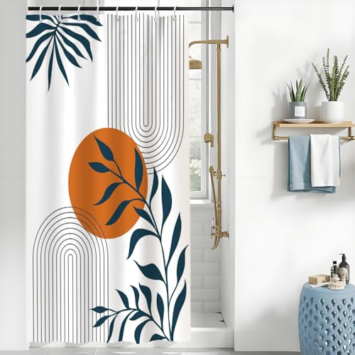 Uiiooazy Duschvorhang 120x200cm Anti Schimmel Terracotta Sonne Blau Blätter | Duschvorhang Abstrakt Schwarz Linien Gemustert Wasserdicht Stoff Polyester Waschbar Bad Vorhang mit 8 Haken für Badezimmer