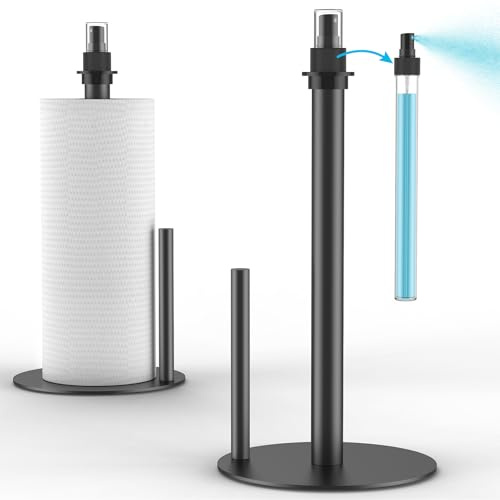 Paper Towel Holder with Spray Bottle, Countertop Paper Towels Dispenser Stand with Sprayer Inside Center, One Hand Tear Stainless Steel Paper Towel Holder Stand with Base for Kitchen (Black)