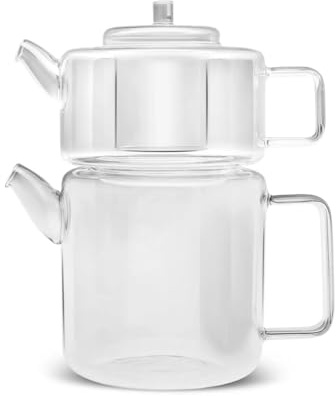 Karaca Platt borosilikatglas tekanna – 1,1 L topp/1,8 l botten, värmebeständig, diskmaskinssäker