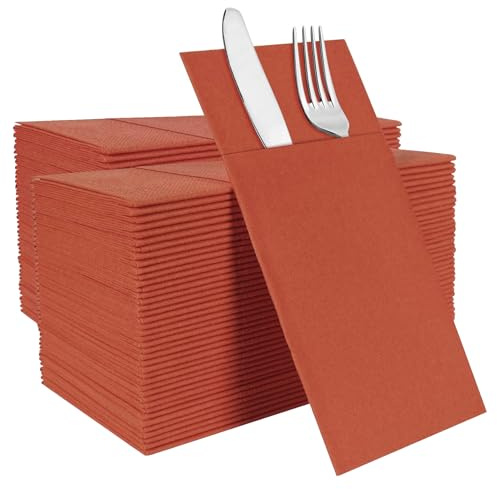 Terracotta Disposable Napkins with Built-in Flatware Pocket, Linen Feel Prefolded Dinner Napkins for Weddings, Parties, Thanksgiving, Evening Events, 100 Pack