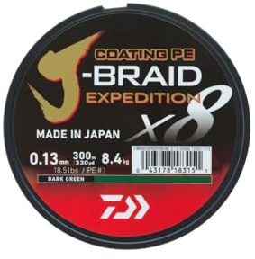 DAIWA J-Braid Expedition X8E 0,16 mm (9,8 kg/21,6 tum), 150 m, mörkgrön/mörkgrön, flätad fiskelina 12551-016
