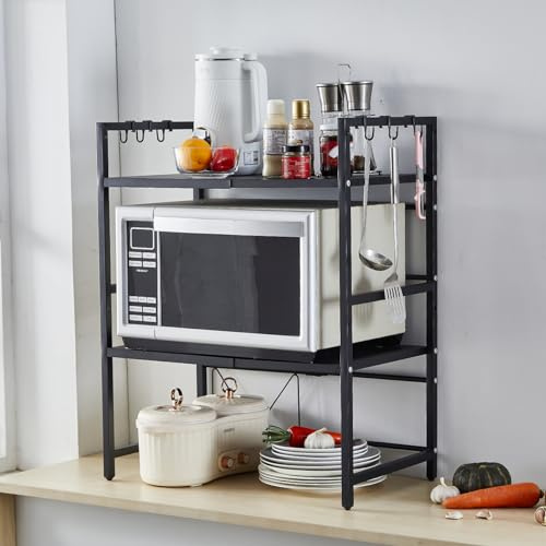 Expandable Microwave Oven Rack, Telescopic Kitchen Counter Storage Organizer with 6 Hooks, Free Standing Adjustable Spice Rack, Heavy Duty Microwave Stand Baker's Rack Pot & Pan Rack (3-Tier Black)