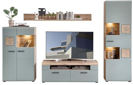Lomadox Wohnwand Wohnmöbel Set Eiche mit Schilfgrün 5-teilig Modern, 1 Highboard, 1 Vitrine, 1 Lowboard, 1 Wandboard inkl. Beleuchtung