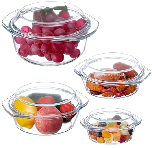 Jingmore Set di 4 casseruole rotonde in vetro con coperchi, casseruole per forno, casseruola, pentole, pentole per congelatore e lavastoviglie, piatti da portata con coperchi, 0,7 qt, 1 qt, 1,5 qt e