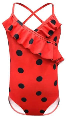 Lito Angels Costume da Bagno Intero Ladybug Coccinella per Bambina, Pois Rossi con Volant, Taglia 7-8 Anni, Stile C