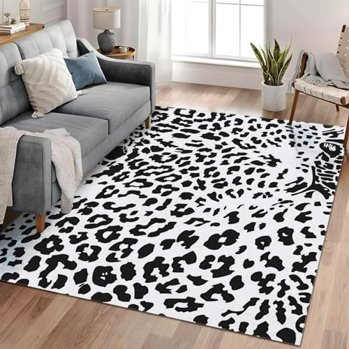 Kurzflor Teppich Wohnzimmer Leopard Schwarz Und Weiß 80x150 cm Teppiche Flausching Wohnzimmer Teppiche Schlafzimmer Teppich Waschbarer Weiche Teppiche ​für Wohnkultur