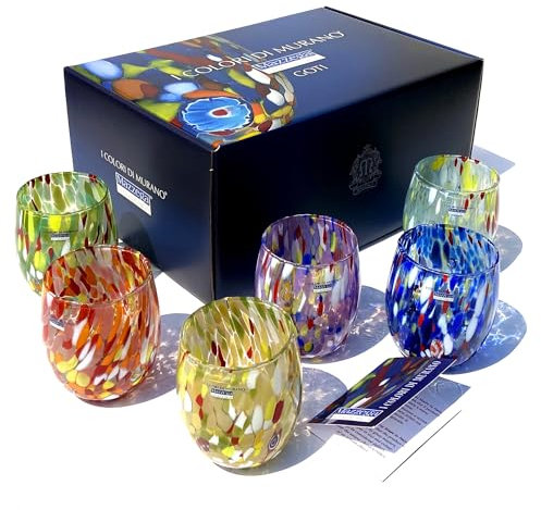 MAZZEGA ART & DESIGN - 6 verres à eau en verre soufflés et fabriqués à la main avec Murrine Murano raffinés et originaux - Les couleurs de Murano - Modèle Colombina 435 ml. Fabriqué en Italie (6,