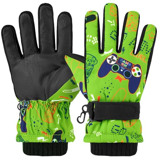 WAWSAM Guanti da Sci per Bambini Guanti da Sci Invernali (Verde, 6-10 anni)