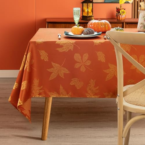 MikiUp Jacquard-Tischdecke für Herbst und Erntedankfest, Ahornblätter, glitzernd, metallischer Stoff, rechteckig, wasserdicht und waschbar, Feiertags-dekorative Tischdecke für Party, Burnt Orange,