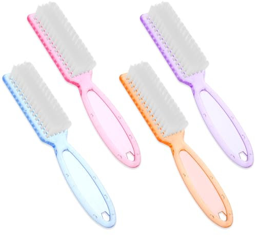 WLLHYF Set di 4 spazzole per unghie con manico, setole morbide, 4 colori, per manicure, per unghie e dita dei piedi (blu, viola, rosa+arancione)