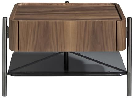 Mesita noche de madera chapada en nogal con un cajón para almacenaje. Estructura de patas en acero inoxidable oscurecido con una balda en cristal templado tintado en color negro.