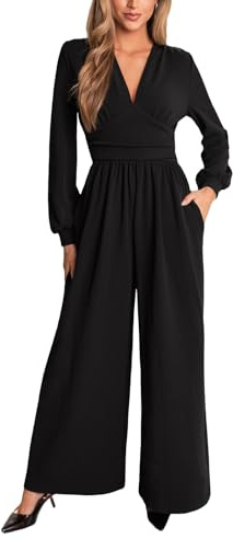 CUPSHE Womens Jumpsuit Plunging V Neck Long Puff Sleeve Overall Wide Leg Elegant Playsuit with Pockets Black L