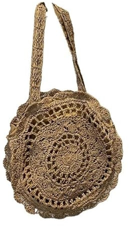 HESHUYAN Strohtasche Gewebte Strohtasche, kreisförmig, große Kapazität, handgefertigt, gewebte Strohtasche, Waldsystem, Strandtasche for den Urlaub am Meer Runde Strohtasche(Khaki)