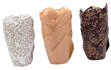 Cabilock 150stücke Muffin Förmchen Hochtemperaturbeständige Öl Und Wasserfeste Papierbecher Für Desserts Und Snacks Tulpenform Drei Designs Mit Kaffee Natur