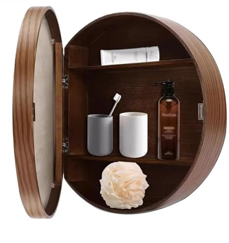 Moderno mueble de baño de nogal montado en la pared con espejo redondo de 50 cm