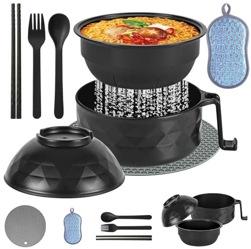 TZQFROCE Microwave Ramen Bowl Ramen - Cuenco para microondas Ramen con palillos Instant Ramen Bowl con tapa y cuchara portátil para microondas, para sopa, pasta, ensaladas (negro)