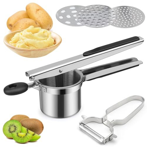 Kartoffelpresse Spätzlepresse Edelstahl Kartoffelpresse mit 1 Sparschäler und 3 Austauschbare Spätzlesieb Rutschfestem Silikongriff Spülmaschinenfest für Obstsäfte Gemüsebrei Flauschige Kartoffelpüree