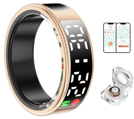Anello Intelligente con Display, Anelli di Salute Fitness Tracker per Donne Uomini, modalità Sportive Multiple Contapassi Monitoraggio del Sonno, Girapagina Video, Supporto App,