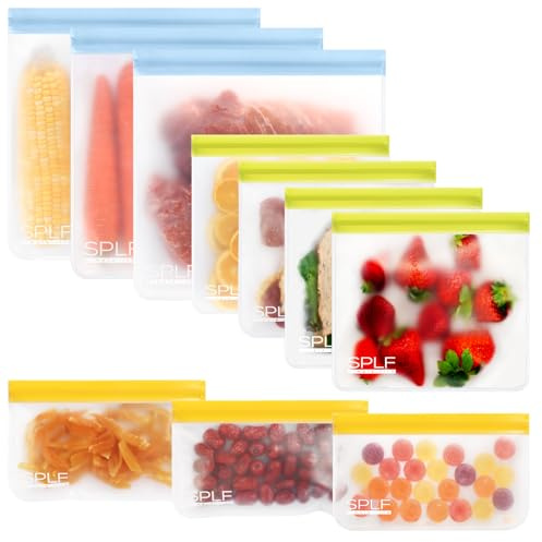SPLF 10 Pack Reusable Freezer Bags Dishwasher Safe | Leakproof Reusable Ziplock Bags, BPA and Plastic Free for Food Lunch Fruits and Vegetables- 3 Gallon 4 Sandwich 3 Snack