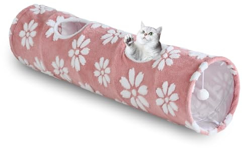 Yaning Straight Cat Tunnel for Indoor Cats 47x12, Cute Cat Toys Collapsible Tunnel Tube with Balls for Puppy Kitten Rabbit, Pink Flower