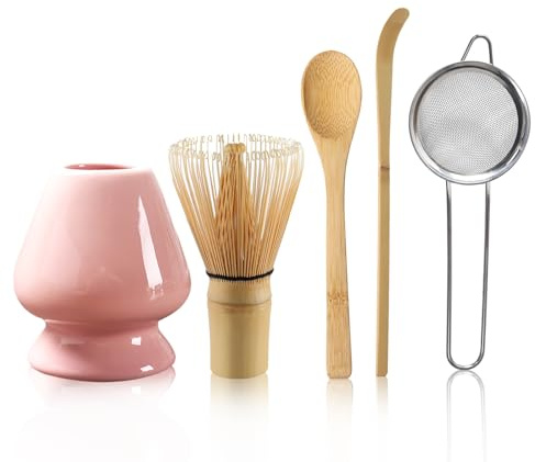 5-teiliges Matcha Set mit Matcha Besen, Löffel, Schaufel und Keramik Besenhalter–Matcha Zubehör mit sieb(Rosa)