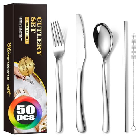 MURRI&MURRDI Stainless Steel Cutlery Set for 10 People, 50 Pieces Knife Fork Spoon Silverware Set with Straw Brush, Flatware Utensils Set for Home Party Restaurant, Dishwasher Safe, Silvery
