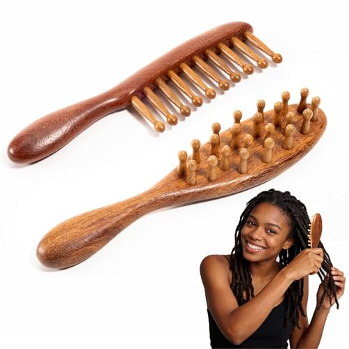 SIMPOR 2 Pack Loc Brush for Dreads, Natural Wooden Wide Tooth Comb for Microlocs and Interlocking, Gua Sha Scalp Massager Tool for Head Relaxation and Circulation, Detangling Hair Care