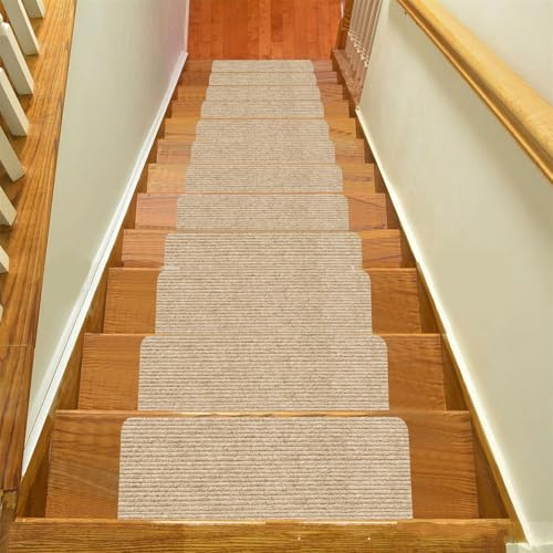 Surwin Stufenmatten, 15 Stück Treppenstufen Matten Treppen Stufenmatten Selbstklebend Innen Stufenmatte Teppich Treppenteppich Stufenteppich Treppenmatten (Beige,45x19cm)
