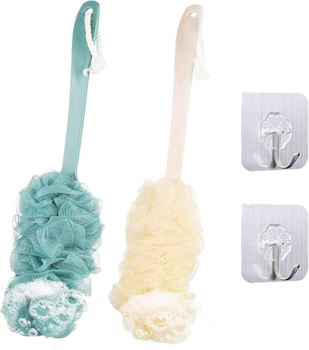 Pack of 2 Shower Brush with Long Handle – Bath Sponge & Back Brush, Mesh Bath Brush for Shower with 2 Hooks, Exfoliating Massage Sponge (Beige & Blue)