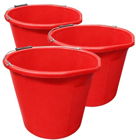 Red Plastic Builders Bucket 3 Gallon 14 Litre Water Mixing Storage with Handle and Spout Made in U.K. Pack of 3