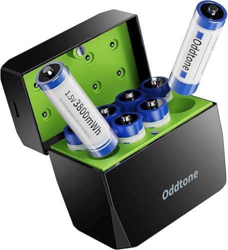 Oddtone 8er Pack 1,5 V AA Lithium-Akku mit Ladegerät, 3800 mWh hohe Kapazität für langanhaltende Leistung, 1600+ Ladezyklen, ideal für Digitalkameras, Spielcontroller und Spielzeug