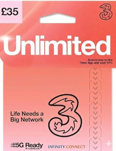 INFINITY CONNECT – Unlimited Data SIM Card (Three Network) | 5G Ready | 30 Days Preloaded | Unlimited UK Calls & Texts | Pay As You Go (PAYG) No Contract | Fits All Phones (Trio-Cut)