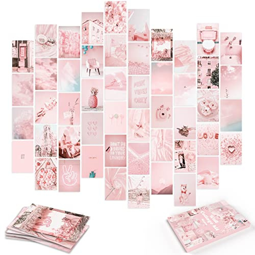 LOVEDMORE Fotocollage-Set, Pastellrosa für Wand, ästhetisch, 50 Bilder, rosa Raumdekoration, Geschenke für Mädchen, Foto-Wandkunst für Teenager, Mädchen, Schlafzimmerdekoration